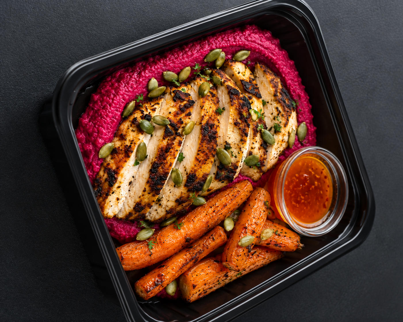 Harissa grilled chicken with beet hummus and roasted carrots in meal-prep container