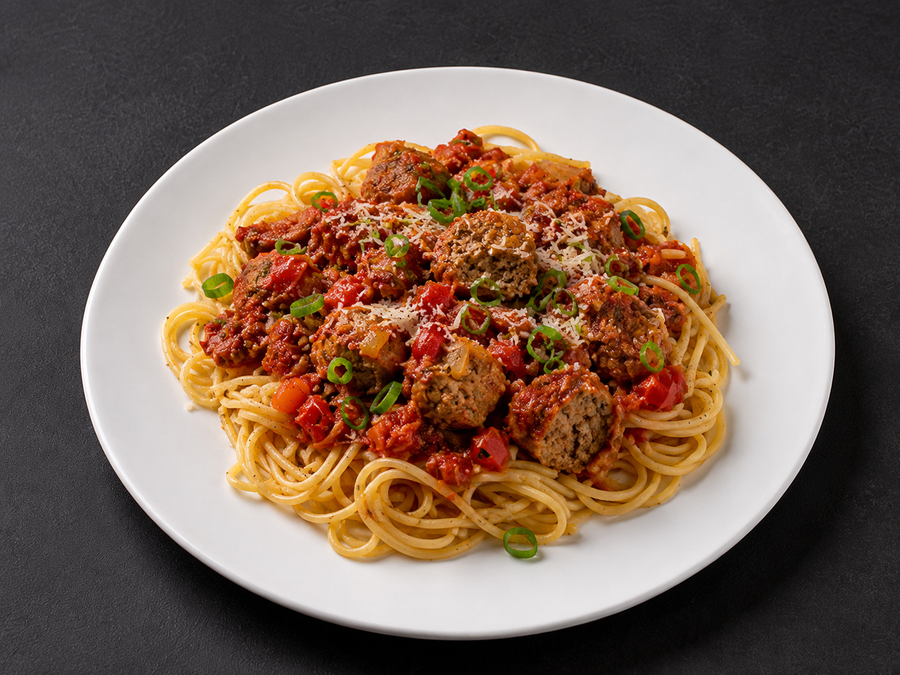 Bolognese Beef Meatballs w/ GF Spaghetti