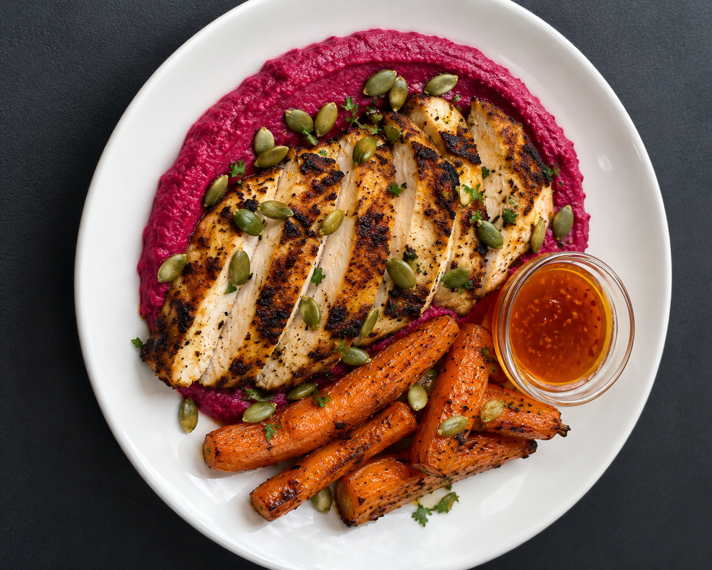 Harissa grilled chicken with beet hummus, roasted carrots and pumpkin seeds, plated