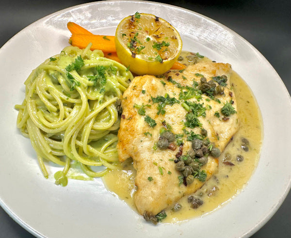 Chicken Piccata with Spaghetti Pesto